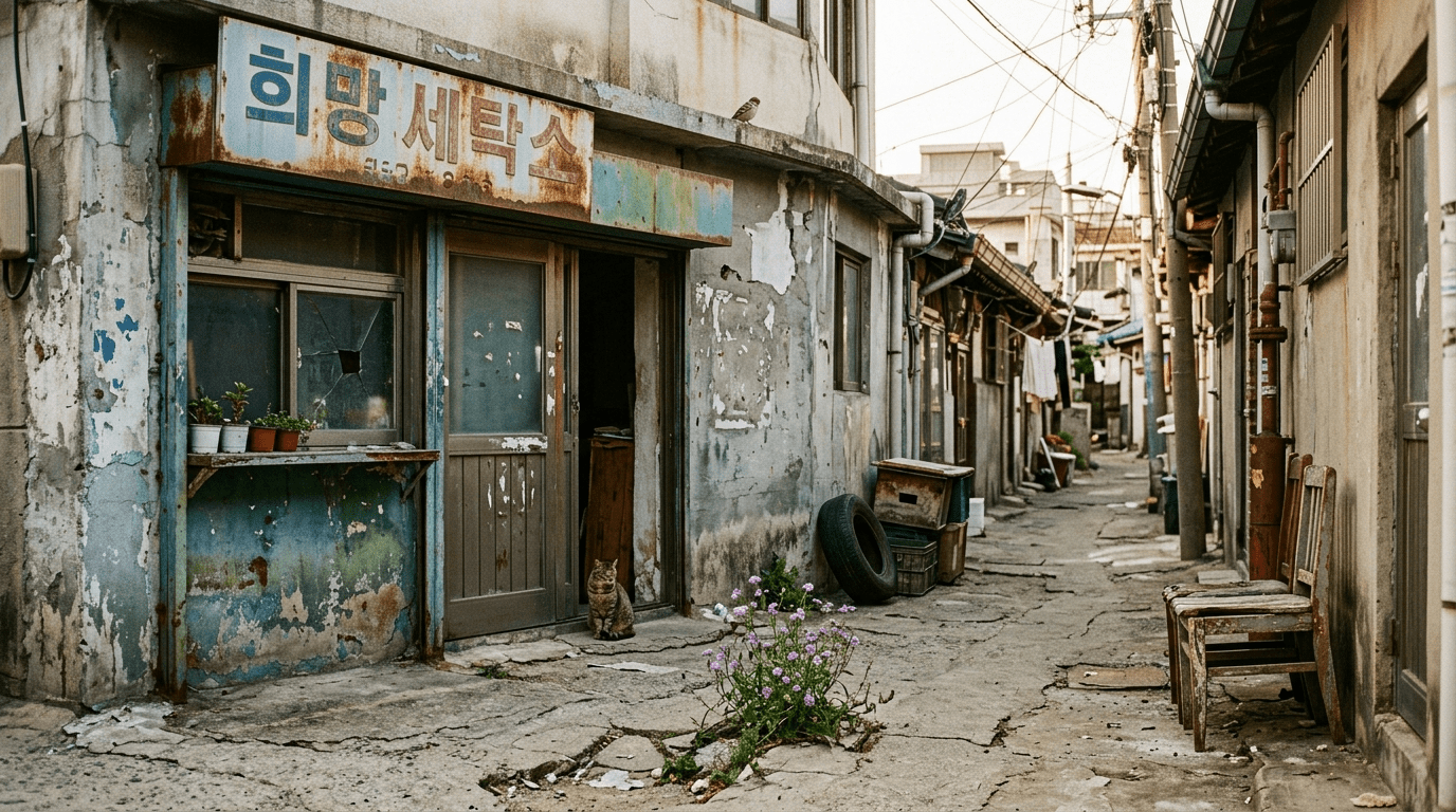 묵은 상처와 바랜 미소, 세월이 내려앉은 건물 곁의 당신, 과연 잘 어울릴까요?