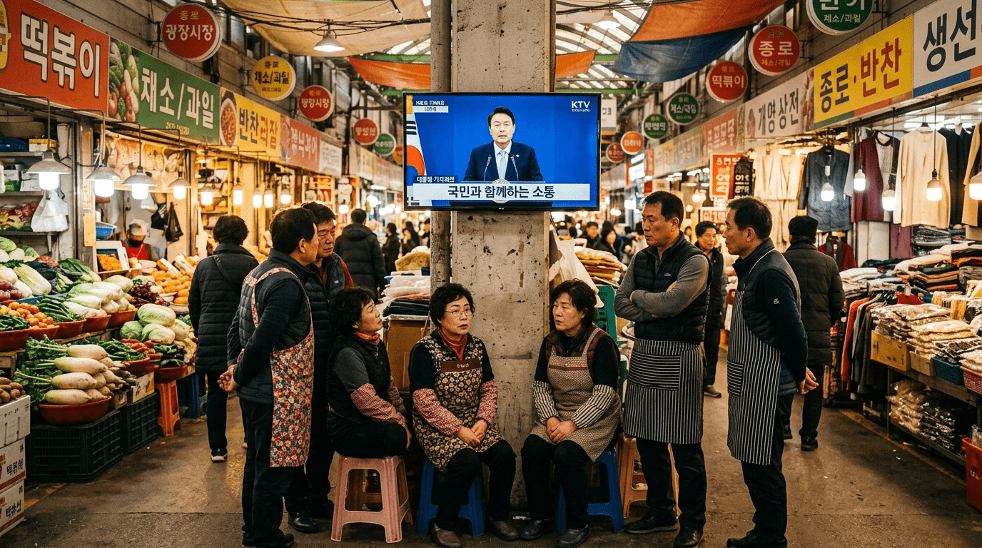 [포토]대통령 취임 1주년 기자회견 시청하는 상인들